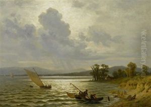 Fischerpaar In Einem Boot In Einer Weiten Kustenlandschaft by Gustav Friedrich Wilh. Richter