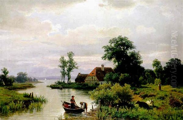 Abendliche Seenlandschaft Mit Gehoft Und Junger Frau Im Nachen Am Ufer - view 1
