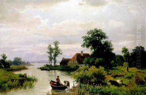 Abendliche Seenlandschaft Mit Gehoft Und Junger Frau Im Nachen Am Ufer by Gustav Richter