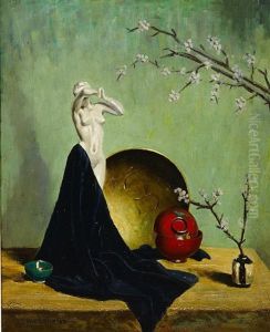 A Still Life With A Porcelain Figure And Asian Objects On A Table by Herbert Davis Richter