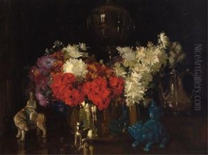Floral Still Life With Chinese Figurines And Silver