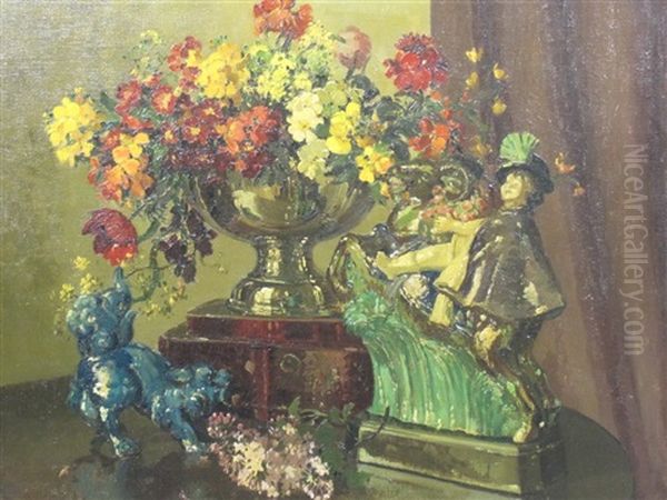 A Still Life Of Mixed Flowers, Silver And Porcelain On A Table - view 1