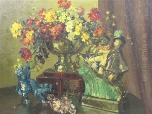 A Still Life Of Mixed Flowers, Silver And Porcelain On A Table