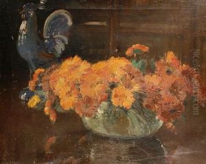 Still Life Of Marigolds And Pottery Cockerel