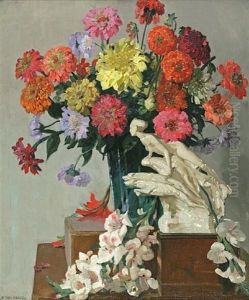 A Still Life With Zinnias And Other Flowers In A Glass Vase With A Porcelain Figurine by Herbert Davis Richter