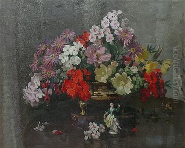 Still Life Of Mixed Flowers In A Bronze Bowl, Next To Figurine - view 1