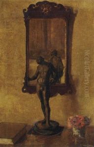 A Figurine Before A Mirror, The The Louvre And Flowers On A Sideboard by Herbert Davis Richter