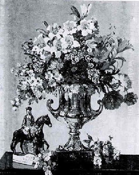 Still Life Of Flowers With A "dick Turpin" Staffordshire Figure - view 1