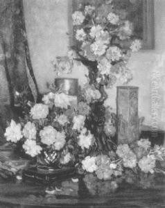 Still Life Of Yellow And Orange Roses With Ornamental Vases On A Table by Herbert Davis Richter