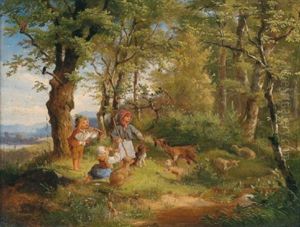 Waldidylle Mit Kleinen Hirten by Ludwig (Adrian) Richter