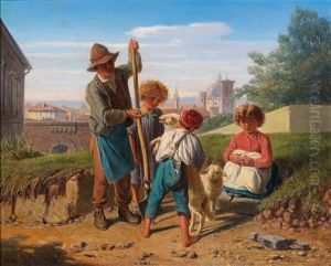 Peasant Children Outside The Gates Of Florence by Wilhelm M. Richter