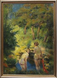 Zwei Weibliche Akte An Einem Sonnendurchfluteten Waldsee