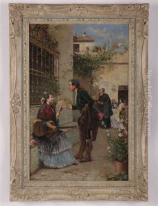 Italian Couryard Scene With Woman And Guitar