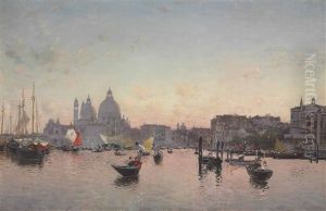 A View Of The Lagoon With Santa Maria Della Salute At Sunset by Martin Rico y Ortega