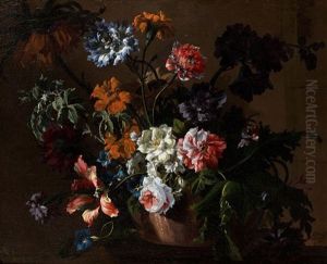 Bouquet De Fleurs Dans Un Vase En Terre Sur Un Entablement by Nicolas Ricoeur