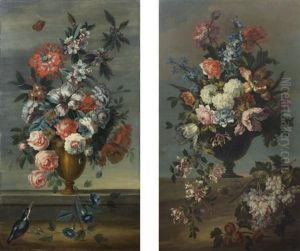 Grappe De Raisins Et Abricots Aupres D'un Vase De Fleurs Sur Un Entablement Et Oiseaux Pres D'un Vase De Fleurs Sur Un Entablement (pair) by Nicolas Ricoeur