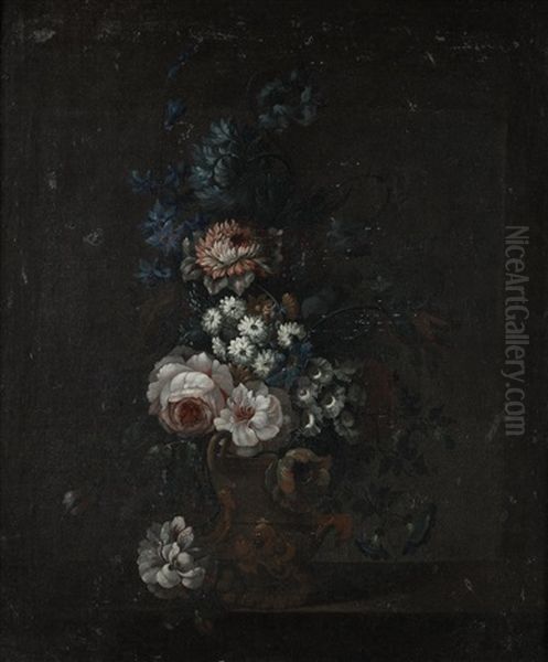 Roses, Peonies, Tulips And Other Flowers In A Classical Urn On A Table Top - view 1