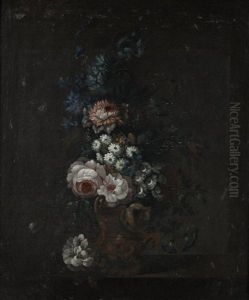 Roses, Peonies, Tulips And Other Flowers In A Classical Urn On A Table Top