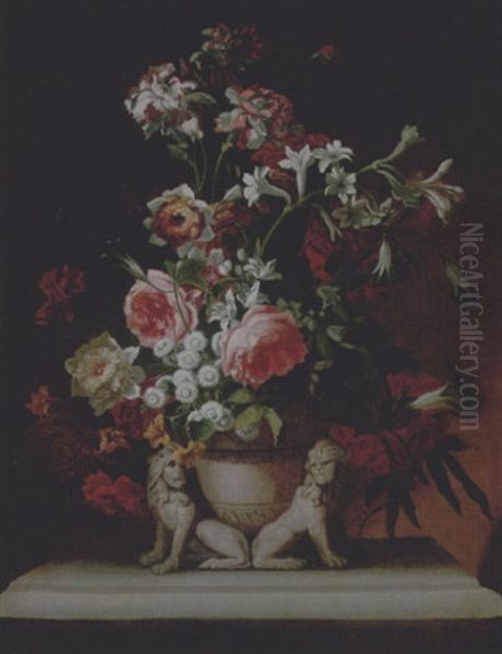 Still Life Of Roses, Carnations And Other Flowers In A Stone Vase, Together With A Pair Of Sculpted Lions, Upon A Stone Ledge - view 1