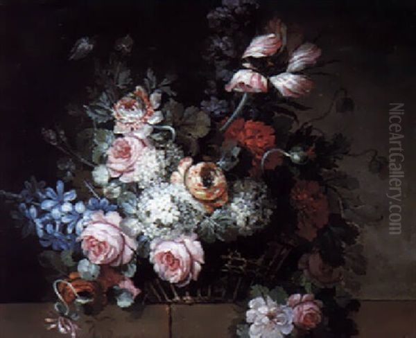 A Still Life Of Various Flowers In A Basket, Upon A Stone Ledge - view 1