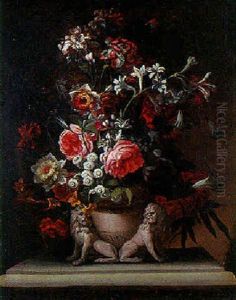 Composition Florale Dans Un Vase A Decor De Lions Presentee Sur Un Entablement by Nicolas Ricoeur