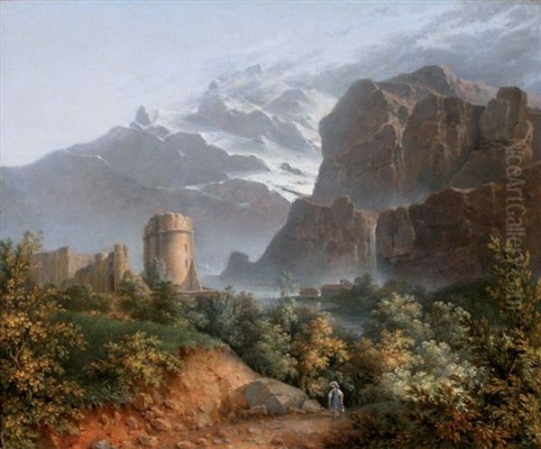 Chateau Devant Un Paysage De Montagne Anime Par Un Personnage - view 1
