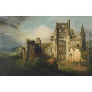Shepherd Girl Resting While Her Flock Grazes Among Castle Ruins