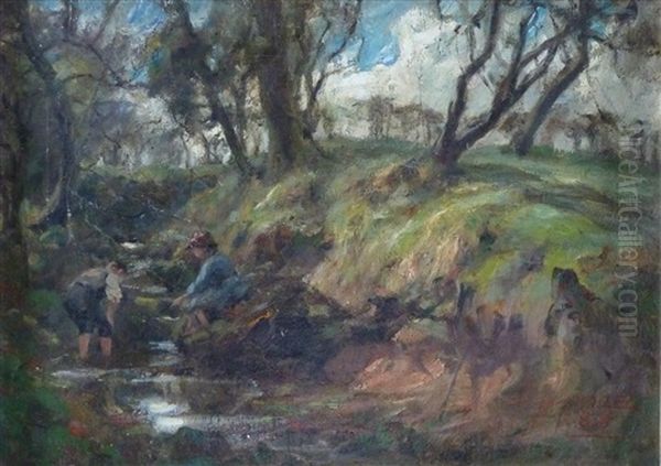 Children Fishing In A Stream - view 1