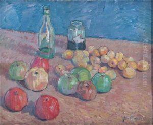 Still Life Of Apples And Plums With A Bottle And Jar by John Riddle