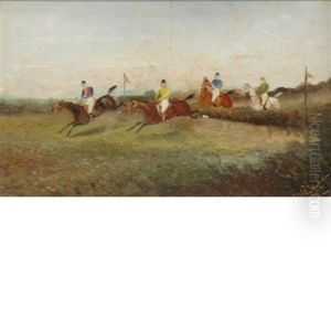 A Lady And Gentleman Driving A Dogcart And Horsemen Taking A Jump (2 Works) by Philip H. Rideout