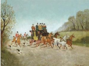 Huntsmen Passing A Coach On A Road (+ A Companion Painting; Pair)
