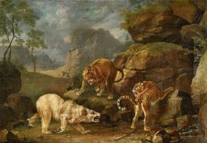 Two Leopards Attacking A Polar Bear by Johann Elias Ridinger or Riedinger