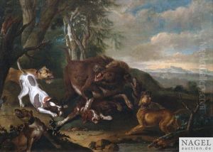 Jagdhunde Attackieren Ein Wildschwein by Johann Elias Ridinger or Riedinger