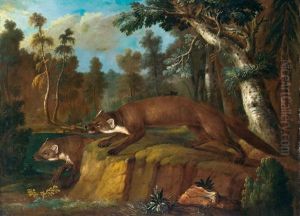 Zwei Fuchse In Einer Waldlandschaft by Johann Elias Ridinger or Riedinger