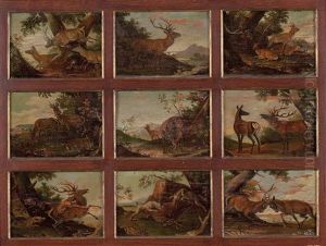 Szenen Aus Dem Leben Der Hirsche Und Rehe (9 Works Framed Together) by Johann Elias Ridinger or Riedinger