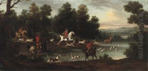 An Extensive Wooded River Landscape With A Hunting Party Pursuing A Deer by Johann Elias Ridinger or Riedinger