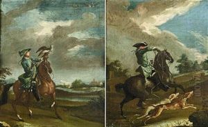 Berittener Jager Mit Einem Falken Vor Landschaft (+ Reiter Mit Zwei Hunden Bei Der Jagd; Pair) by Johann Elias Ridinger or Riedinger