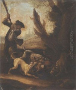 Jagdhunde Verbeisen Sich In Einen Fuchs, Links Daneben Mann Mit Knupel by Johann Elias Ridinger or Riedinger