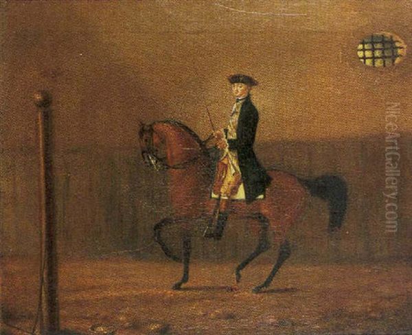 An Elegant Gentleman Riding A Horse In A Stable - view 1