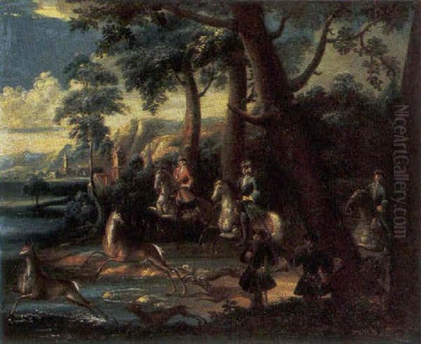 An Elegant Hunting Party Pursuing Deer Across A River Landscape, A Town And Mountains Beyond - view 1