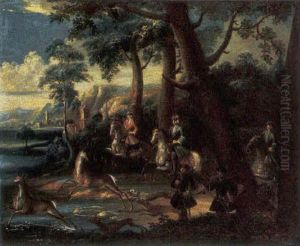 An Elegant Hunting Party Pursuing Deer Across A River Landscape, A Town And Mountains Beyond by Johann Elias Ridinger or Riedinger