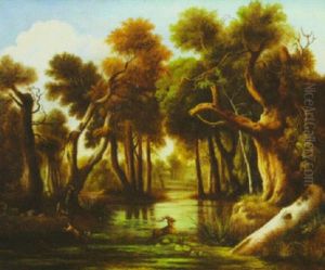 Landscape With Stag Hunt by Johann Elias Ridinger or Riedinger