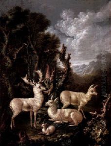 Weise Damhirsche Am Waldrand In Romantischer Berglandschaft by Johann Elias Ridinger or Riedinger