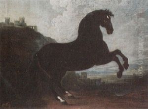 Portrait Eines Braunen Vollbluters Vor Klassischer Abendlandschaft Mit Schloshugel by Johann Elias Ridinger or Riedinger