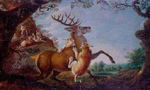 Cerf Attaque Par Les Lynx by Johann Elias Ridinger or Riedinger