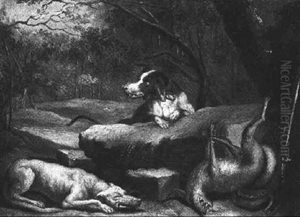 Zwei Hunde Bewachen Einen Erlegten Fuchs - view 1
