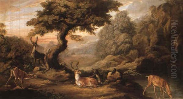A Moutainous Landscape With Deer Watering At A Rocky Pool - view 1