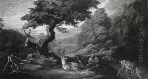 Deer In A Wooded Landscape by Johann Elias Ridinger or Riedinger