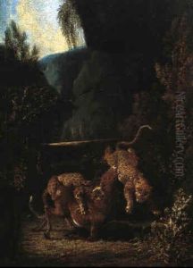 Zwei Leoparden Einen Hirsch Schlagend by Johann Elias Ridinger or Riedinger