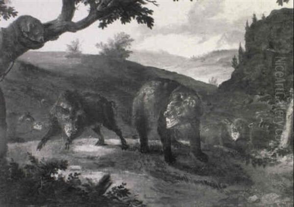 Bears With Wild Boar In A Landscape - view 1